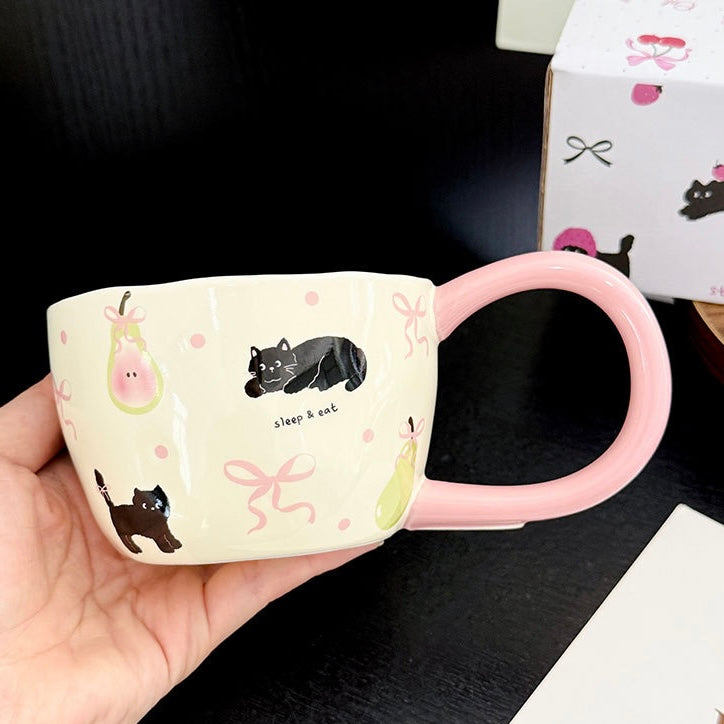 Cute Strawberry Cat Ceramic Mug with Large Handle, 300ML