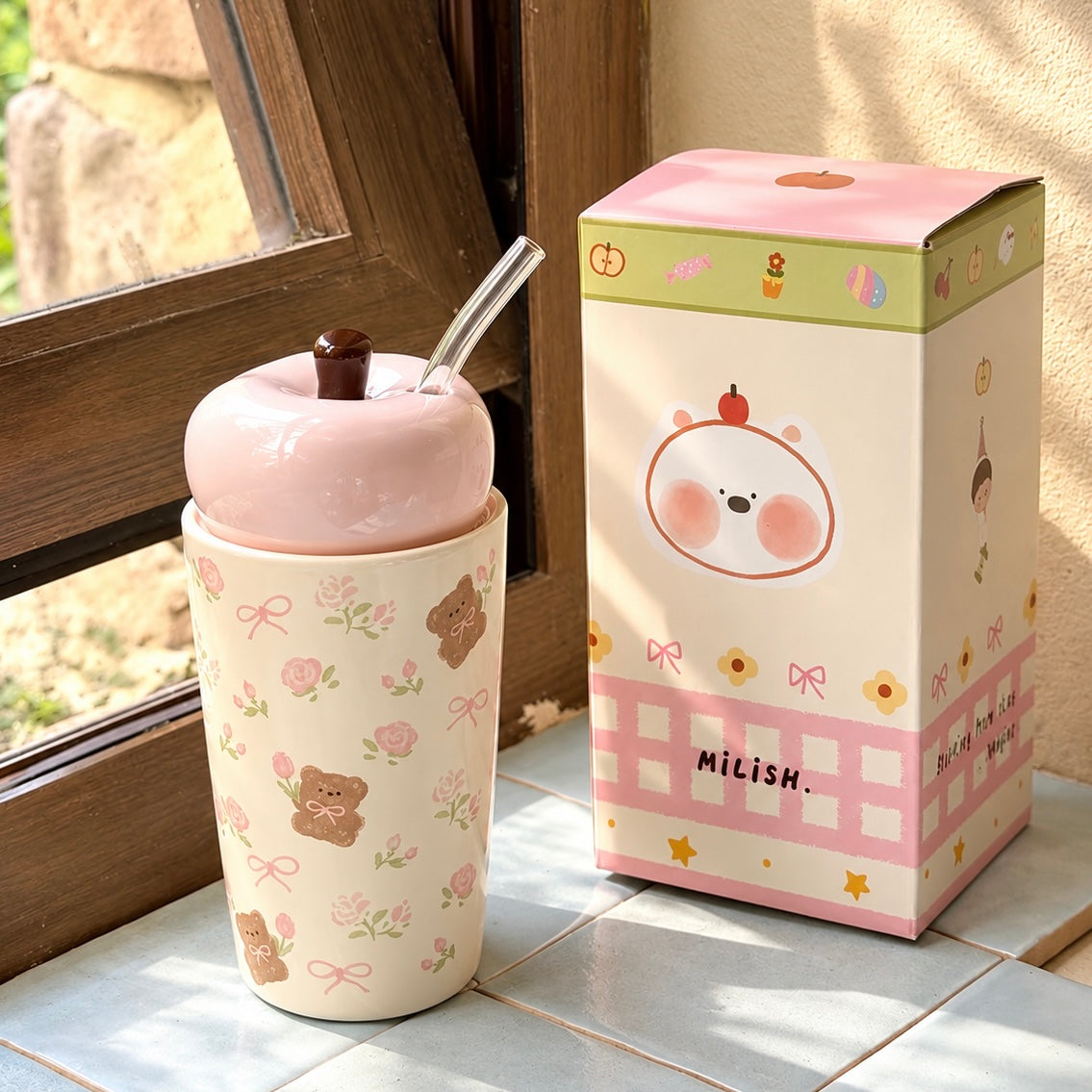 Floral Bear Ceramic Straw Cup with Lid – 450ML