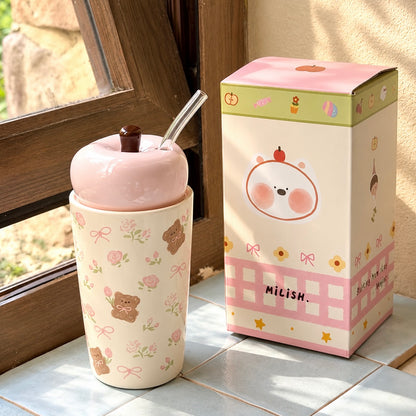 Floral Bear Ceramic Straw Cup with Lid – 450ML