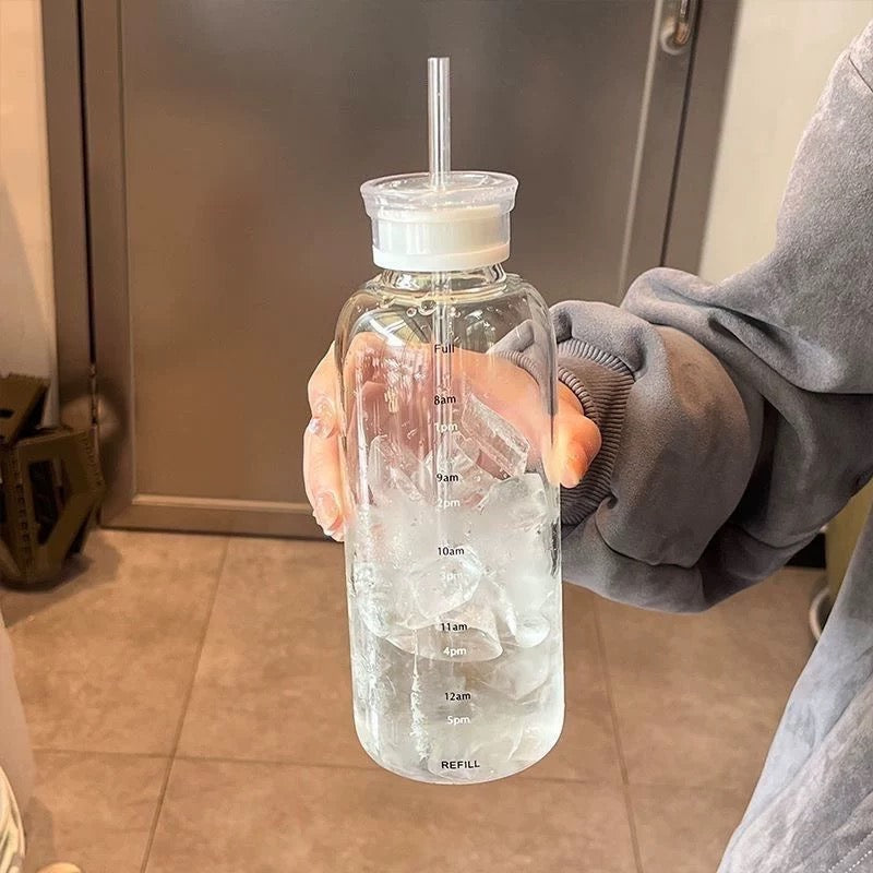 White Time Scale Glass Straw Cup with 2 Lids - Straw & Sealed Lid