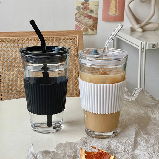 Premium Black and White Minimalist Glass Straw Cup - 450ML Capacity