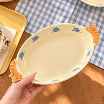 Cats & Flowers Ceramic Oval Dessert Plate with Handles, 8-Inch