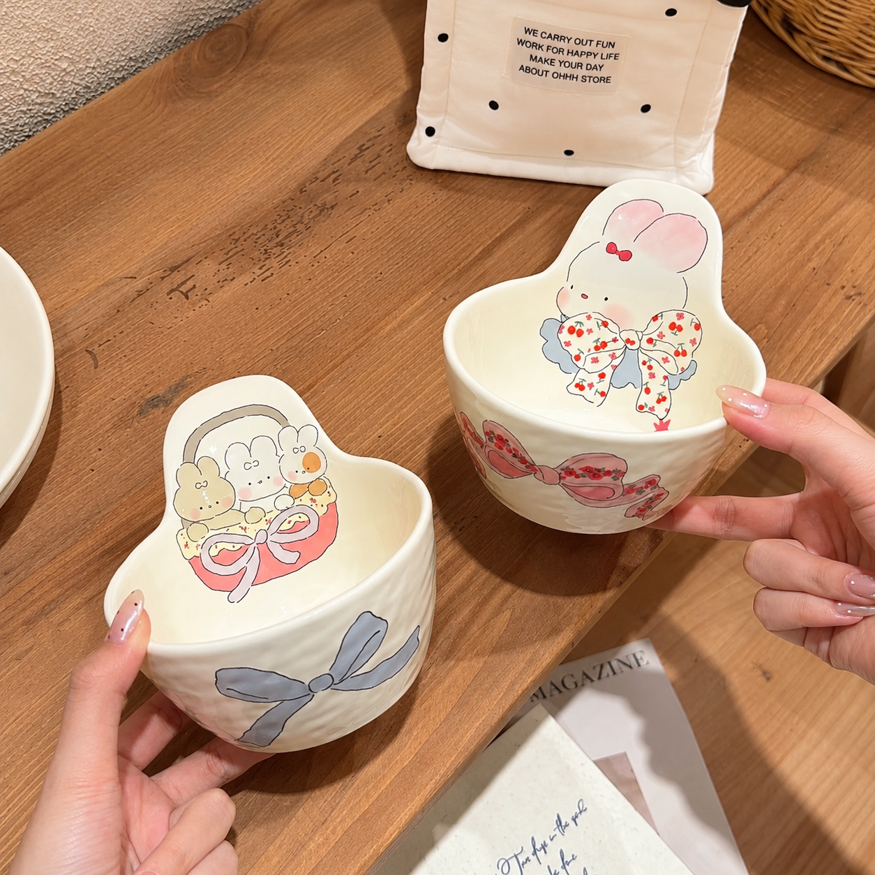 Bow Bunny Handle Ceramic Yogurt Bowl with Spoon – 350ML