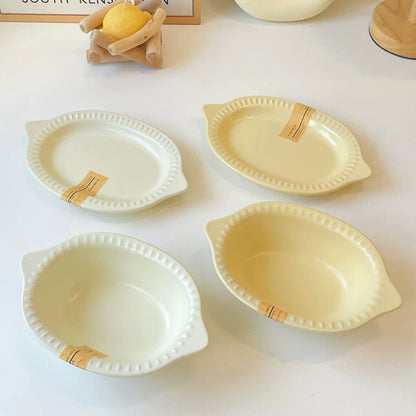 Matte Ceramic Breakfast Plates with Double Handles – Creamy White & Yellow