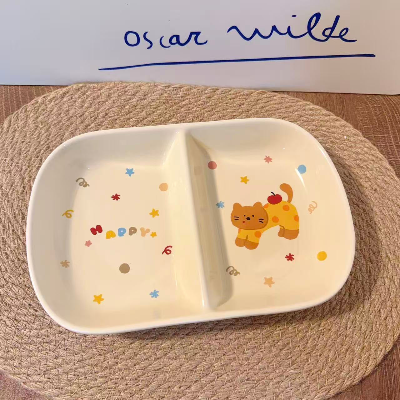 Cute Cat & Dog Ceramic Divided Breakfast Plate, 9.4-Inch