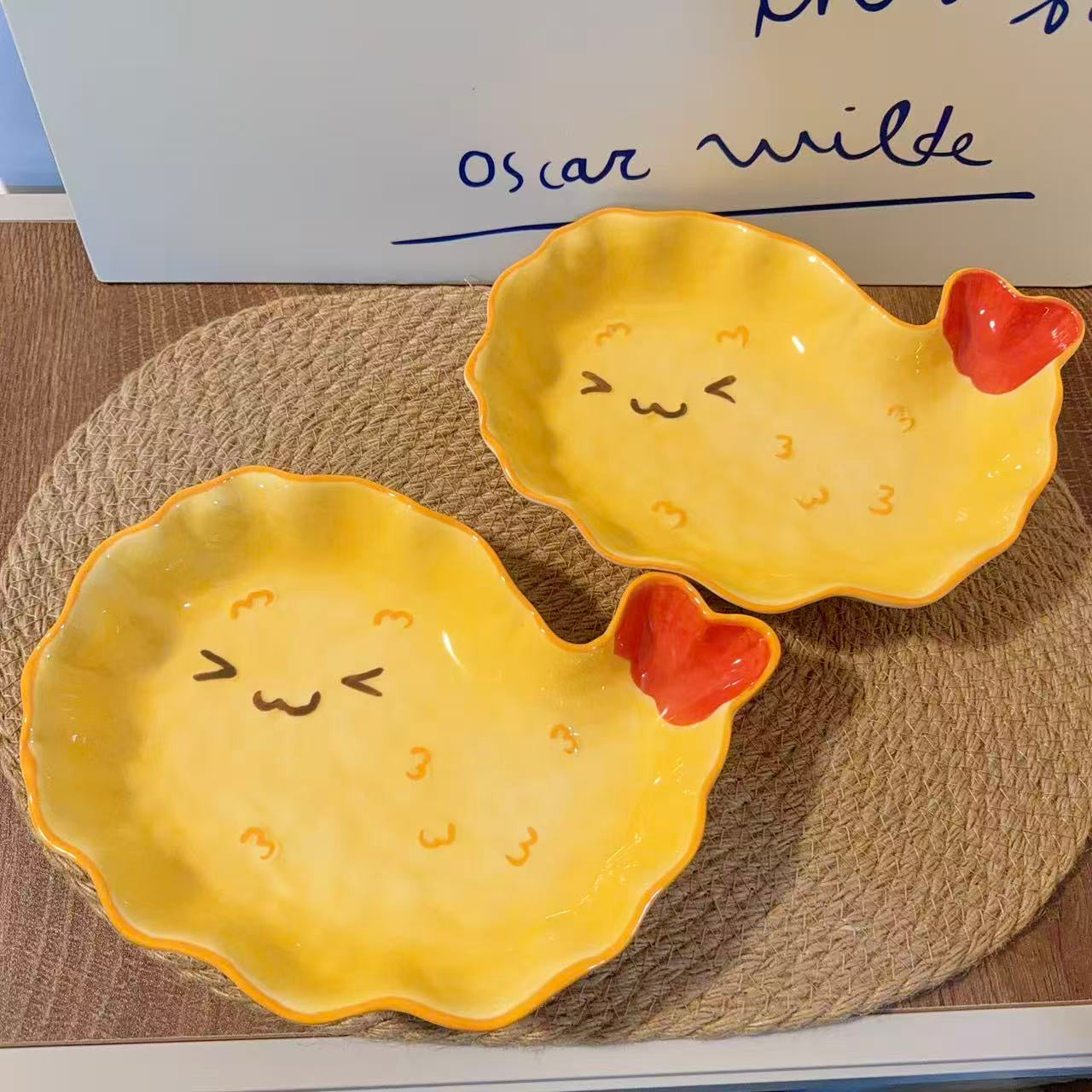 Hand-Painted Cute Fried Shrimp Ceramic Dessert Plate, 8.5-Inch