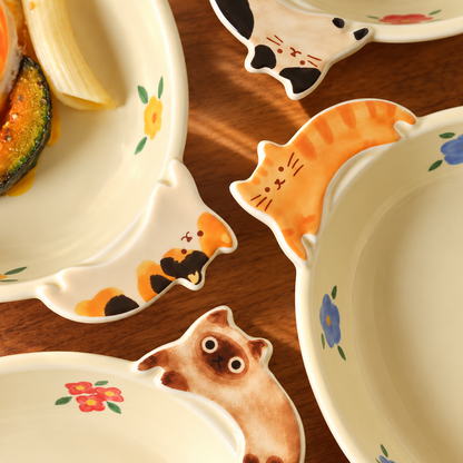 Cats & Flowers Ceramic Oval Dessert Plate with Handles, 8-Inch