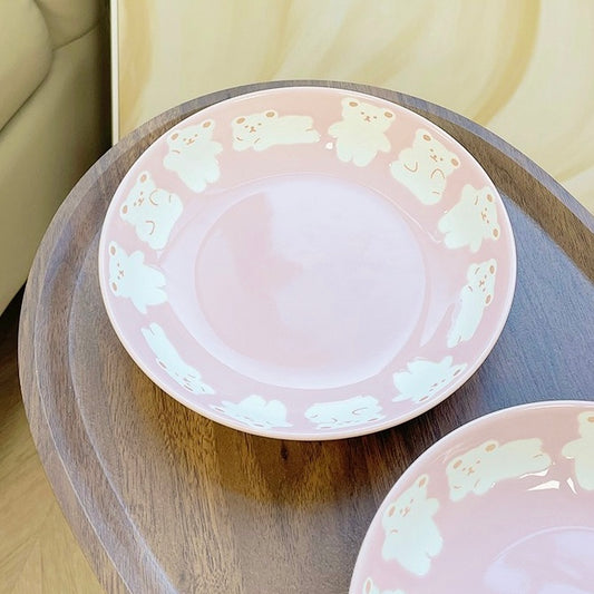 Pink Bear Ceramic Plate | 8-Inch Matte Bear Design, Perfect for Saucy Dishes