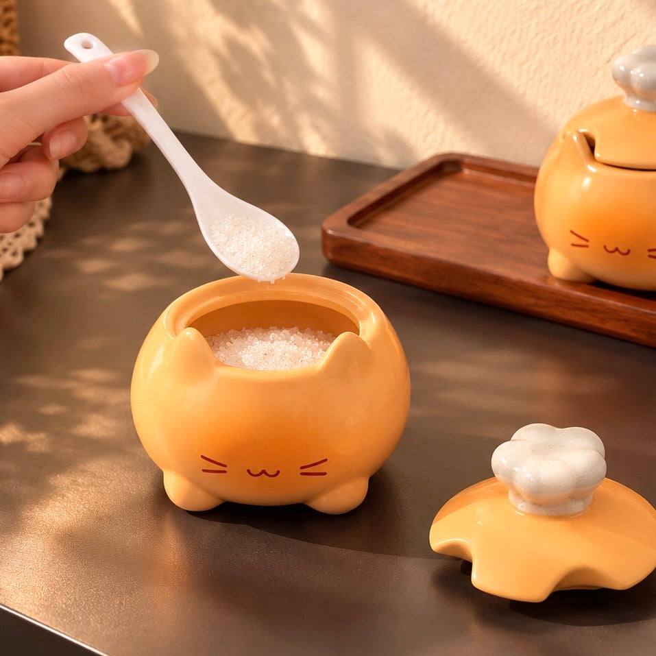 Chef Kitten Ceramic Spice Jar Gift Set with Wooden Tray – Set of 3
