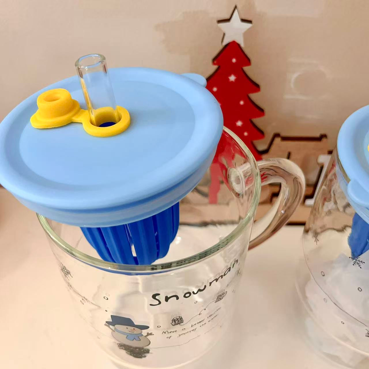Blue Snowman Glass Cup with Straw & Tea Infuser - 1000ML