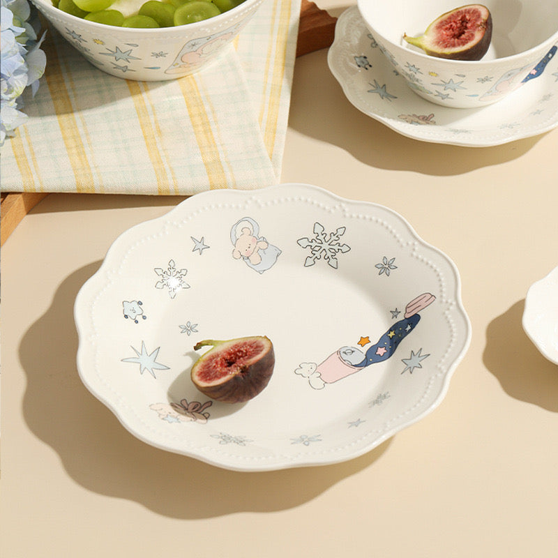 Snowflake Bunny Reinforced White Porcelain Dinnerware Set - Hand-Painted Design, Lightweight & Durable