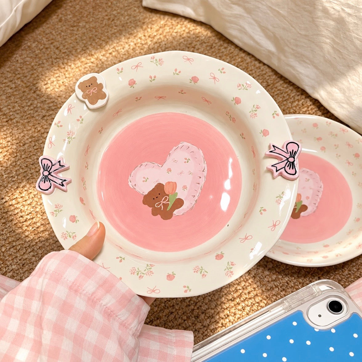 Floral Heart Bear Ceramic Deep Plate – 8-Inch