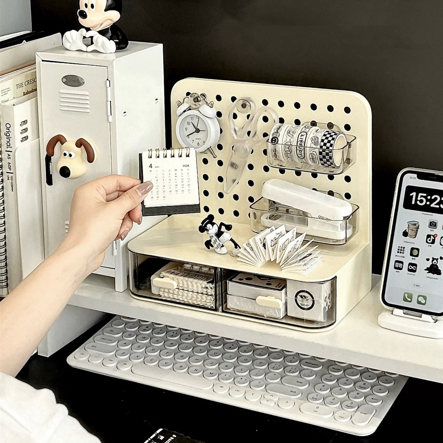 Creamy Style Pegboard Storage Drawer | Compact Organizer with 2 Drawers, 2 Hooks, and 2 Shelves