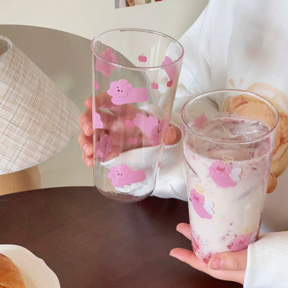 Pink Pig & Bunny Tall Glass Cup – 450ML Capacity