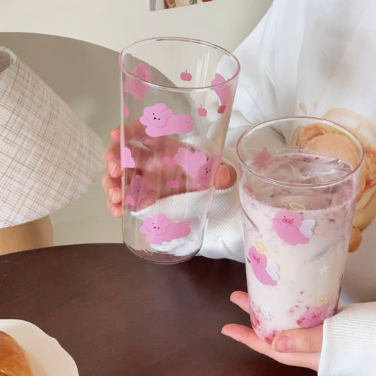 Pink Pig & Bunny Tall Glass Cup – 450ML Capacity