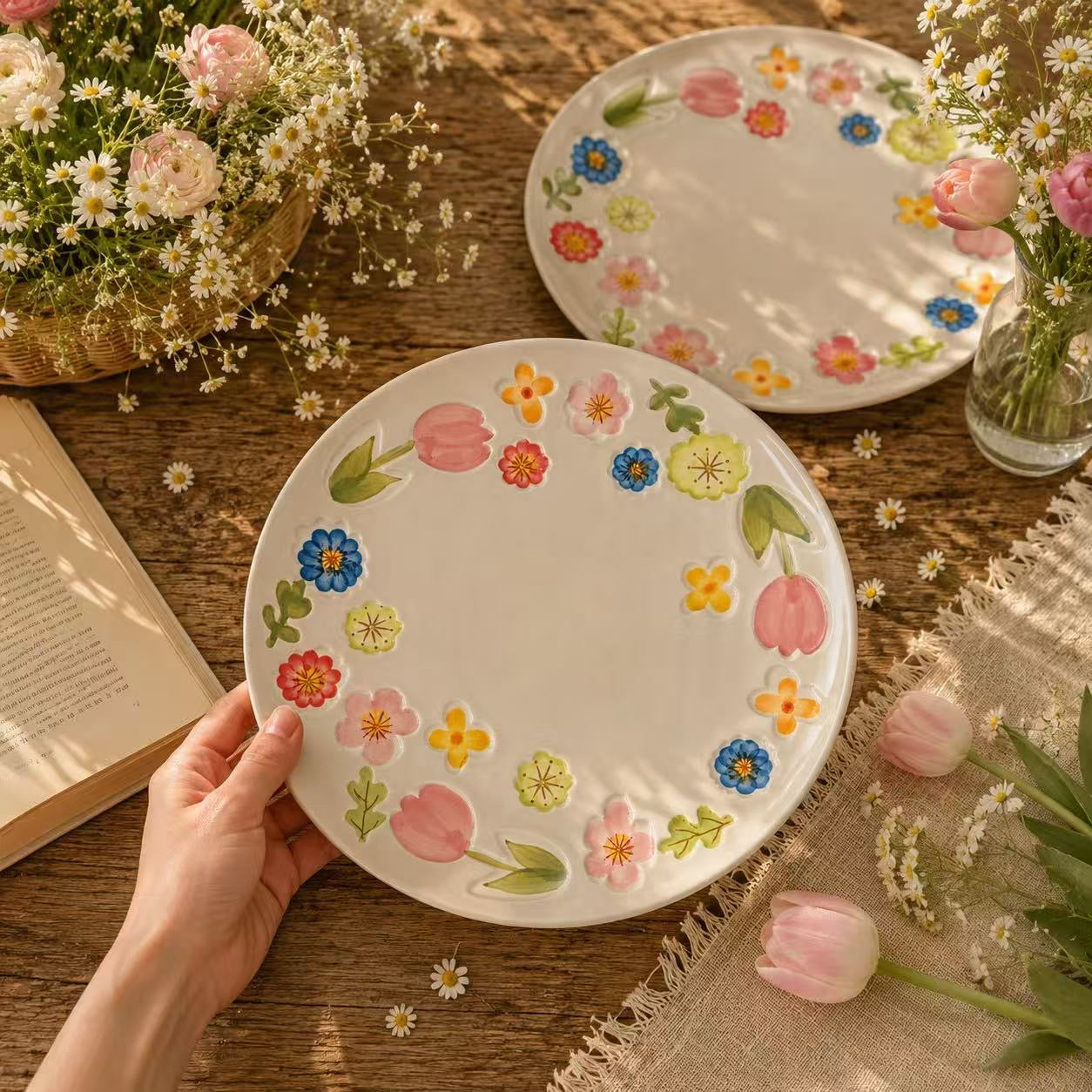 Hand-Painted Vintage Floral Ceramic Serving Plate, 10-Inch