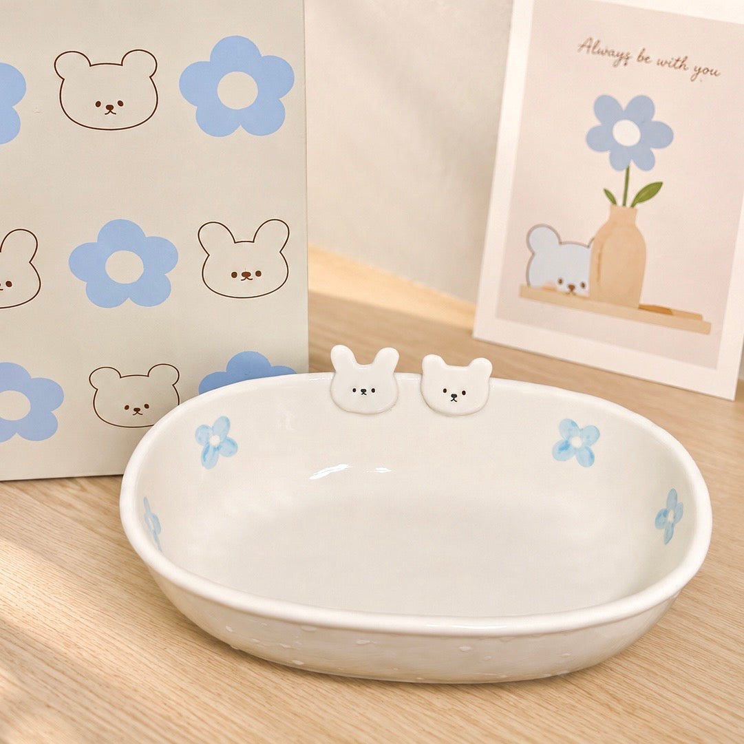 Hand-Painted Flower Bunny Ceramic Oval Bowl – 700ML