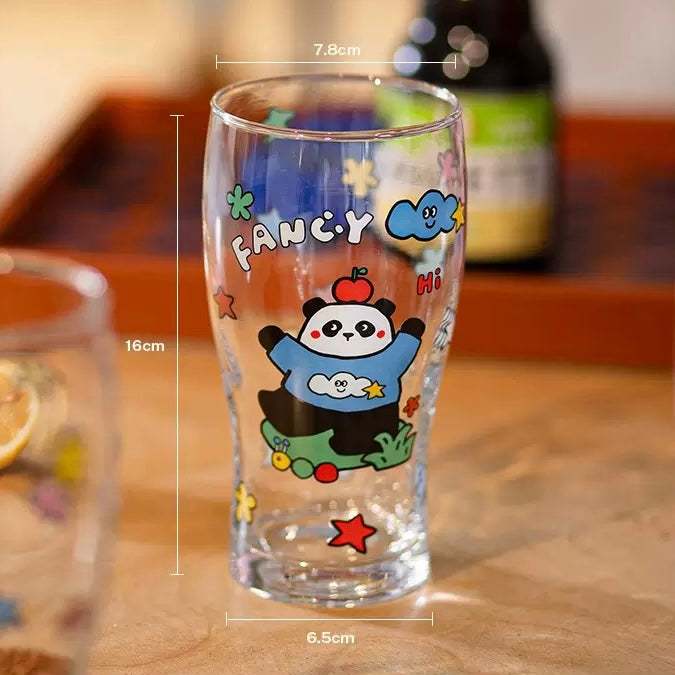 Fancy dog and panda glass beer cups with colorful cartoon design, 600ML capacity