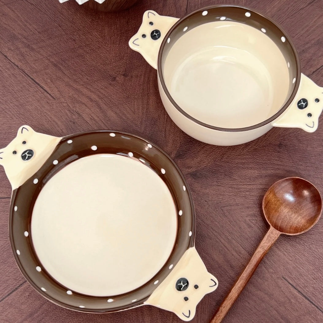 Adorable Bear Double-Handle Ceramic Plates and Soup Bowl | Hand-Painted Design