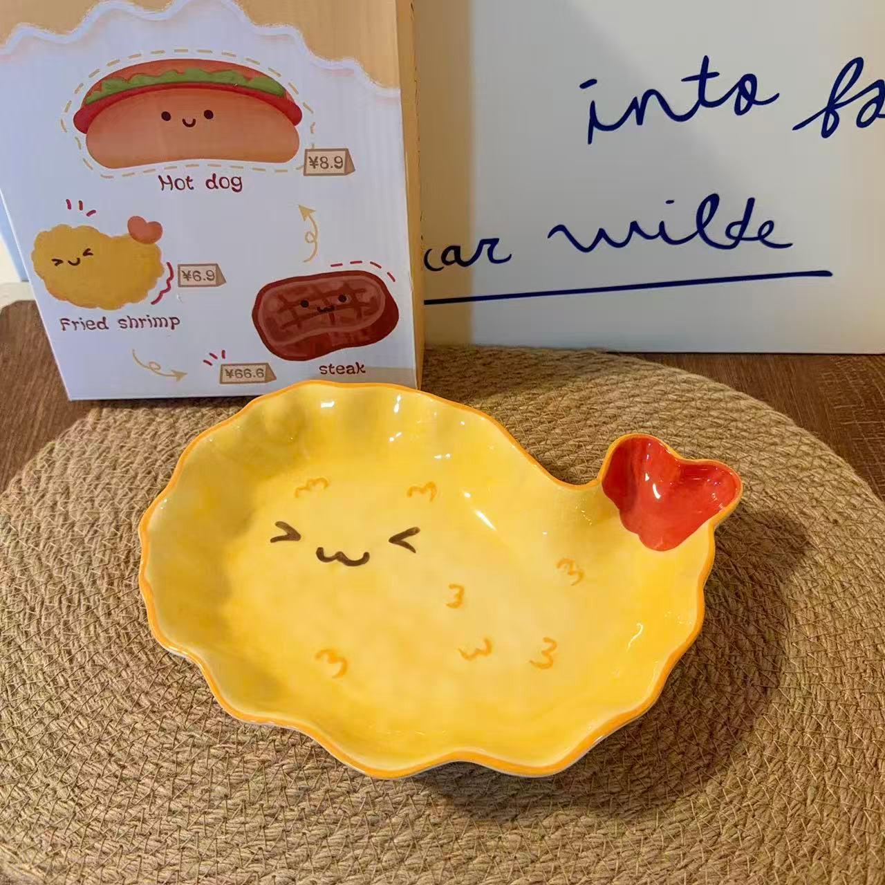 Hand-Painted Cute Fried Shrimp Ceramic Dessert Plate, 8.5-Inch