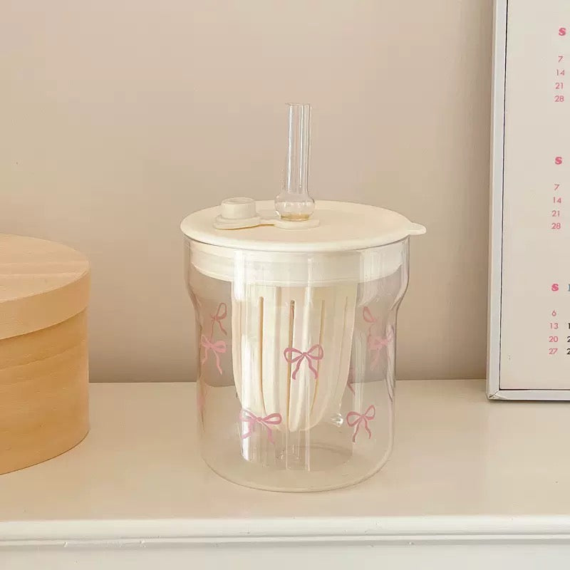 Coquette Bow Glass Cup with Straw – 500ML