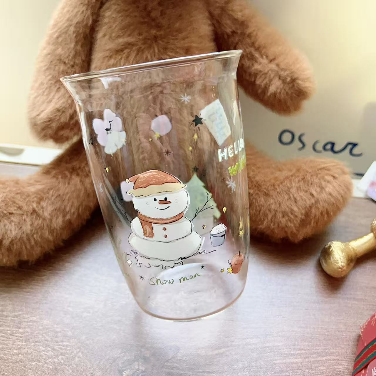 Christmas snowman glass cup with Snow man design and hot drink bucket, 350ML