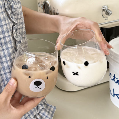 Cute bear and bunny round belly glass cups with iced drinks, 450ML capacity