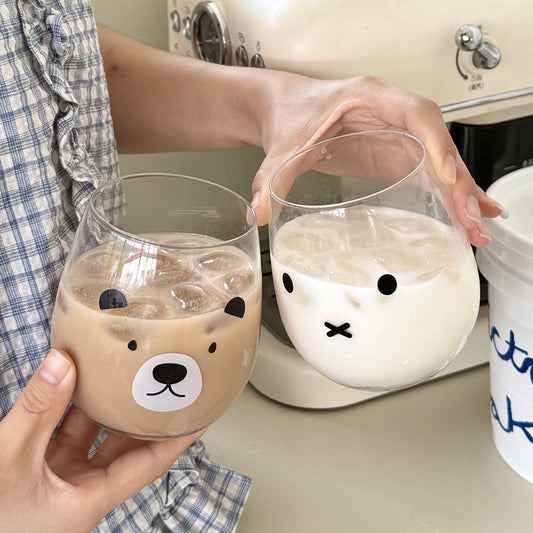 Cute bear and bunny round belly glass cups with iced drinks, 450ML capacity
