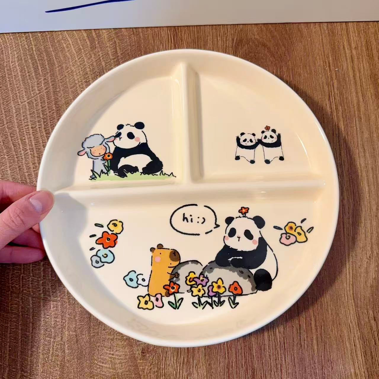 Panda Family Ceramic Divided Breakfast Plate, 8.3-Inch