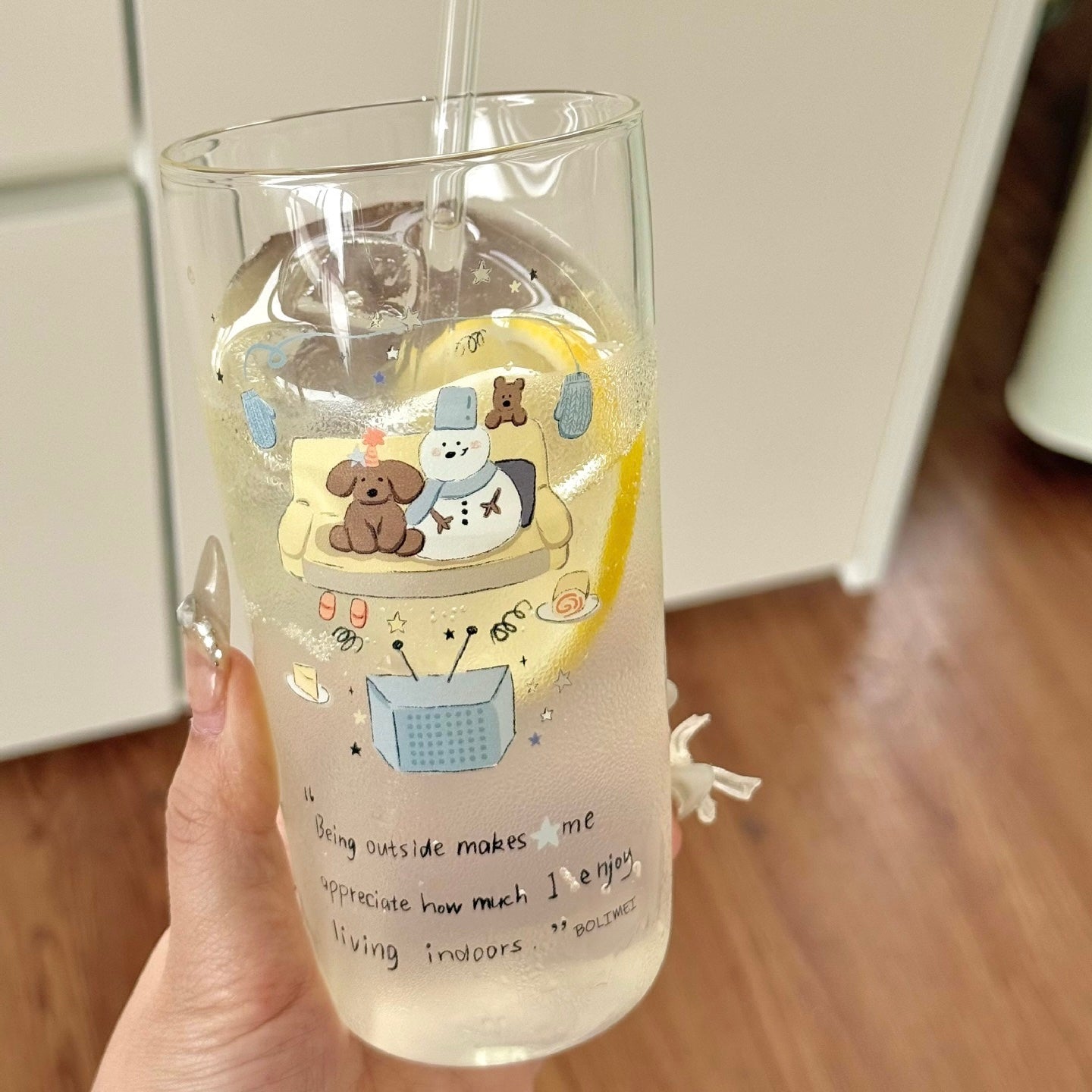 Winter Snowman Glass Cup with Straw – 400ML