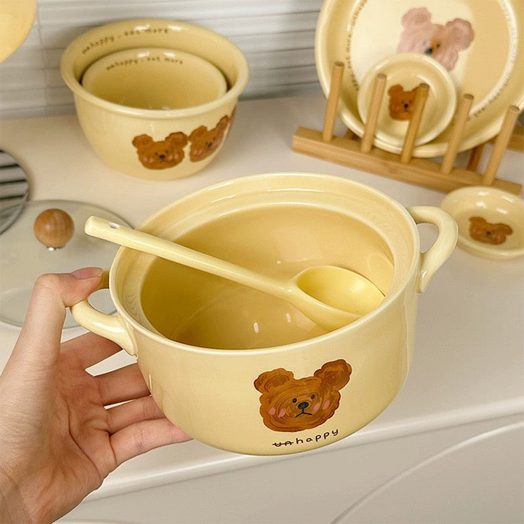 Emo Bear Ceramic Ramen Bowl - with Glass Lid and Ceramic Spoon, 730ml Capacity