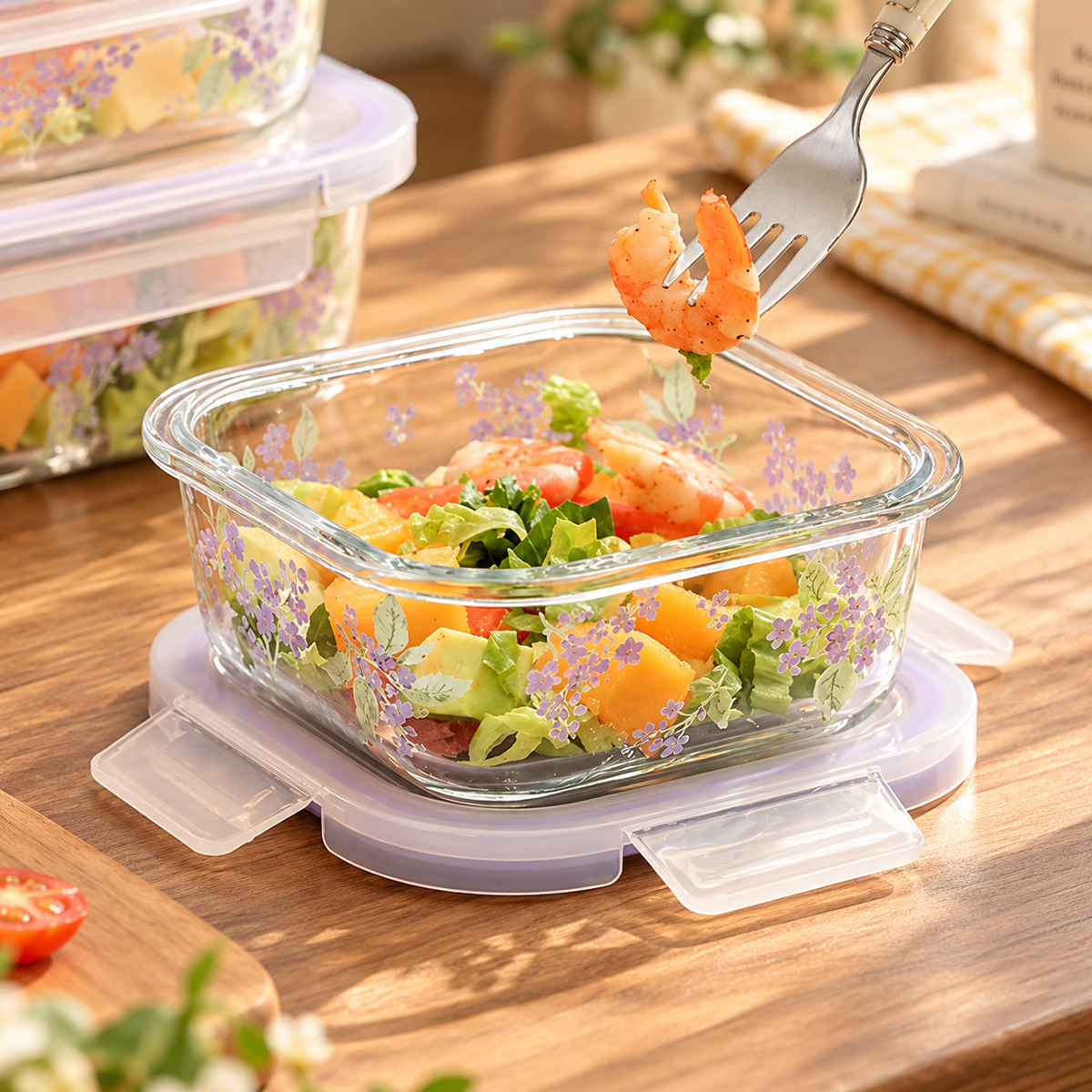 Purple Floral Glass Food Storage Container with Lid – 500ML / 850ML