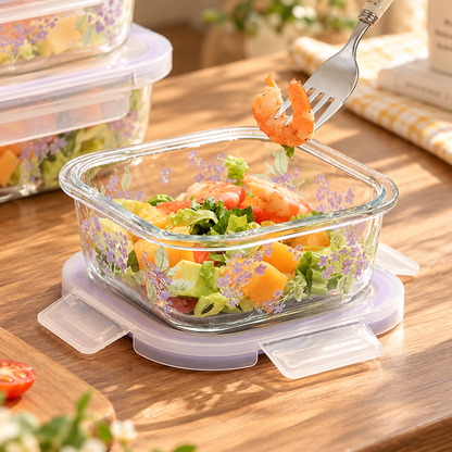Purple Floral Glass Food Storage Container with Lid – 500ML / 850ML