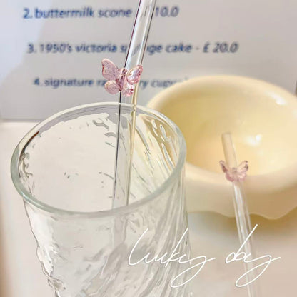 Reusable Pink Butterfly Glass Straw