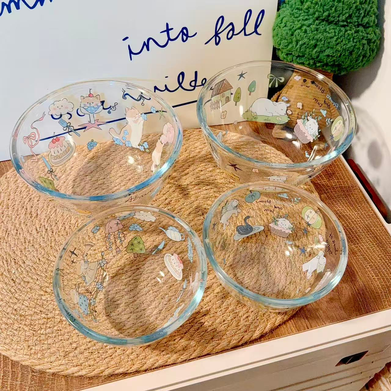 Cute Spring Doodle Glass Bowl - Microwave Safe, 350ML / 900ML