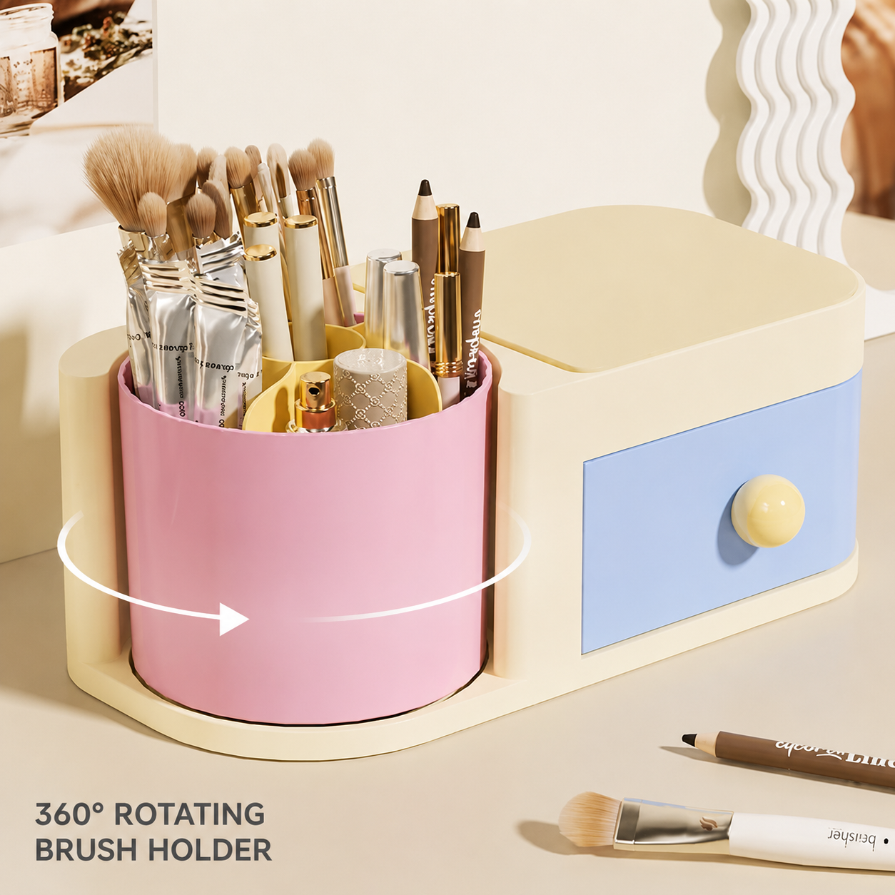 Pink & Blue Rotating Makeup Brush & Jewellery Drawer Organiser