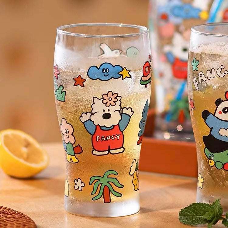 Fancy dog and panda glass beer cups with colorful cartoon design, 600ML capacity