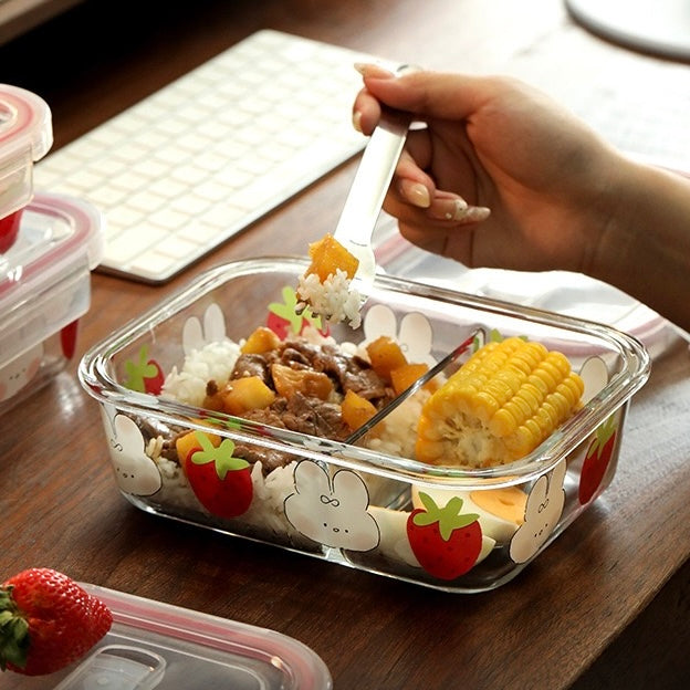 Strawberry Bunny Glass Food Container - 850ML Bento Box
