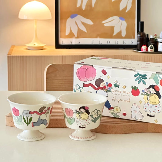 Cute Couple Ceramic Dessert Cups – Gift Box Included