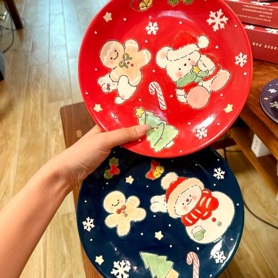 Hand-painted Christmas ceramic plate with snowman in navy blue, 21CM diameter