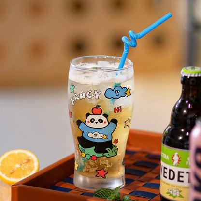 Fancy dog and panda glass beer cups with colorful cartoon design, 600ML capacity