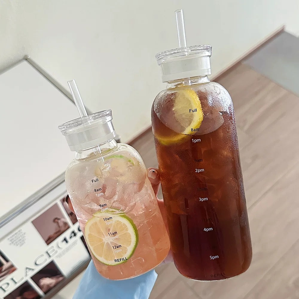 White Time Scale Glass Straw Cup with 2 Lids 450ML & 750ML ...