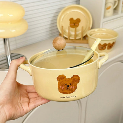 Emo Bear Ceramic Ramen Bowl - with Glass Lid and Ceramic Spoon, 730ml Capacity