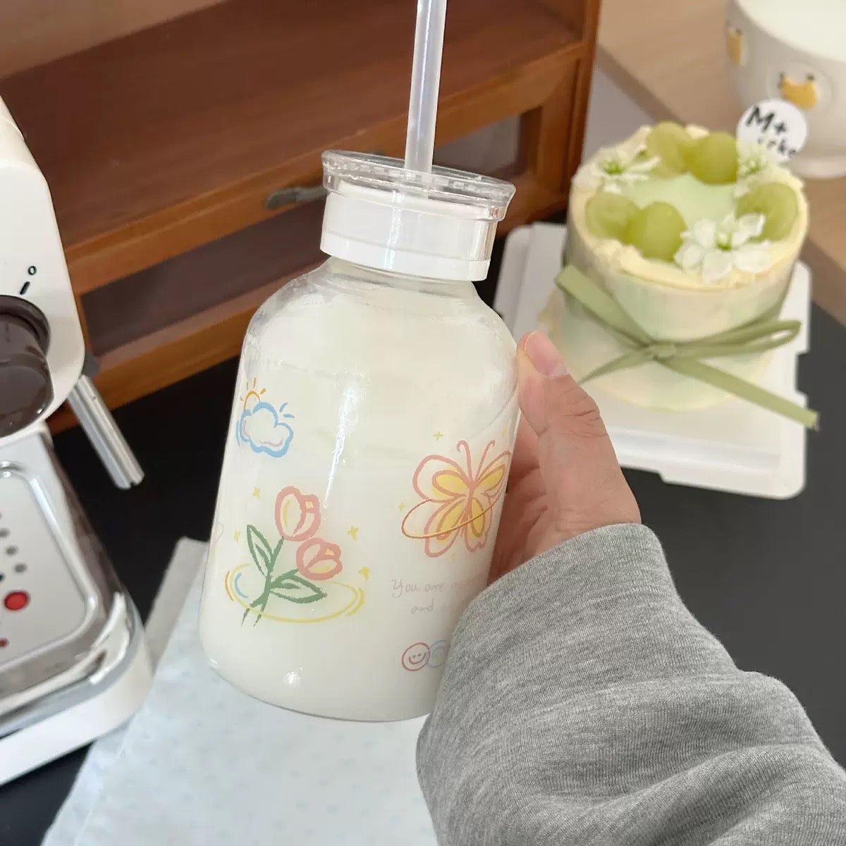 Colorful Butterfly Glass Straw Cup - 400ML