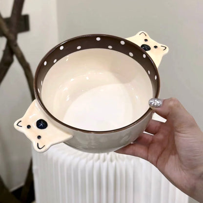 Adorable Bear Double-Handle Ceramic Plates and Soup Bowl | Hand-Painted Design