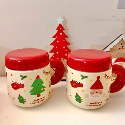 Christmas ceramic mugs with red lids showing Santa and Christmas tree designs, 500ML with gift box