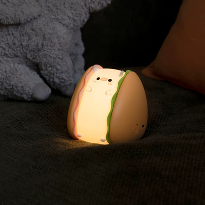 Hamburger Pig Tap-On Night Light | Cute Silicone Design with Adjustable Brightness and Timer