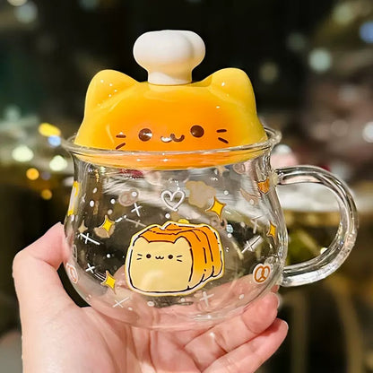 Chef Cat Kawaii Glass Mug with Ceramic Lid – 400ML