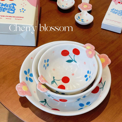 Cherry Blossom Hand-Painted Dinnerware Set | Cute Floral Design with Handles | Microwave & Dishwasher Safe