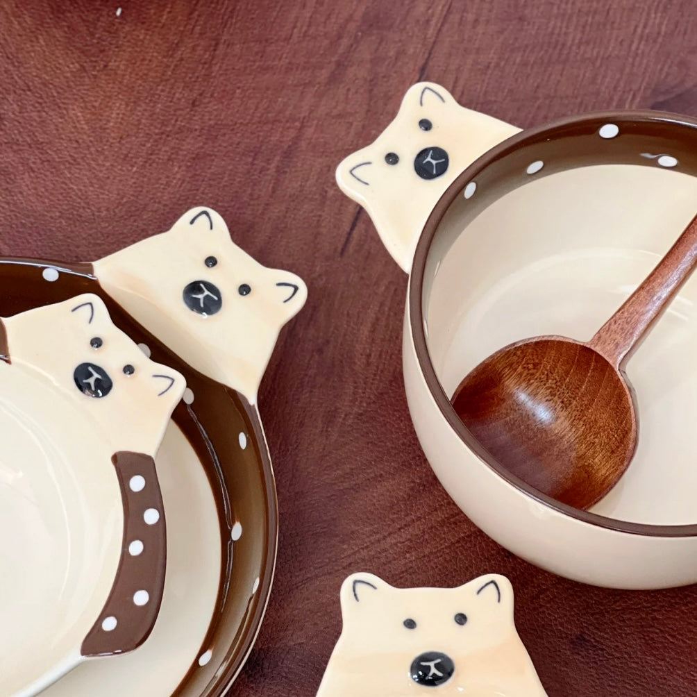 Adorable Bear Double-Handle Ceramic Plates and Soup Bowl | Hand-Painted Design